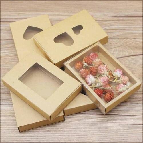 50pcs pvc window Kraft paper gift packaging box black cardboard soap candy box white wedding craft paper gift box clear window