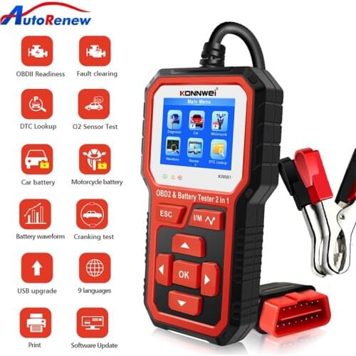 KONNWEI KW681 EOBD OBD2 Car Diagnostic Tool+Battery Tester 2 In 1 OBDll Test /6V-12V battery Test Support Car Intelligent System