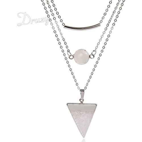 Druzy 3 Layer Geometric Designed Bar Stick Opal Bead Triangle Quartz Crystal Gem Chain Choker Necklace Gothic Punk Women Jewelry