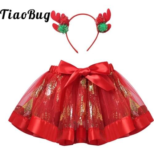 Kids Girls Skirt Christmas Costume Stitching Gilttering Dance Dress Print Pattern Mesh Tutu Dress with Antlers Pompom Set