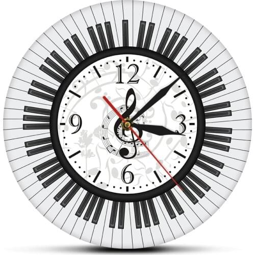 Piano Keyboard Treble Clef Wall Art Modern Wall Clock Musical Notes Black and White Wall Watch Music Studio Decor Pianist Gift
