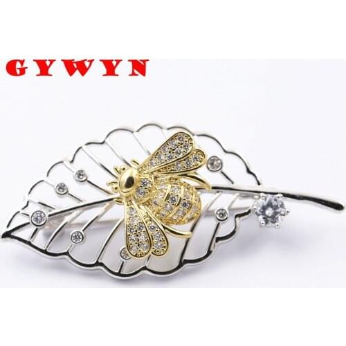 Boutique brooch GYWYN Fashion AAA Cubic Zircon Bee Leaf Plant Insect Gold Silver Brooch Female and Male Wedding Gifts