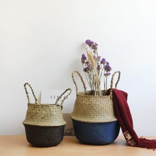 Seagrass Belly Storage Basket Handmade Straw Organizer Plant Pot Half Black Garden Flower Planter Nursery Basket