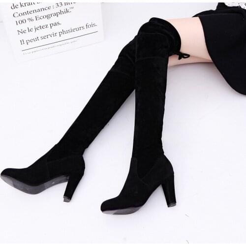 Fashion Flock Leather Women Over The Knee Boots Lace Up Sexy High Heels Autumn Woman Shoes Winter Women Boots Size 34-43