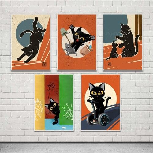 Canvas Hd Prints Cartoon Animal Pictures Wall Artwork Cute Black Cat Painting Nordic Home Decor Modular Poster For Living Room