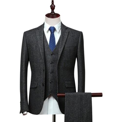 Abruzzomaster Vintage Tweed Herringbone Wool Blend Tailored Men Suit 3 Pieces Groom Tuxedos Dark Gray Herringbone Groomsman Suit