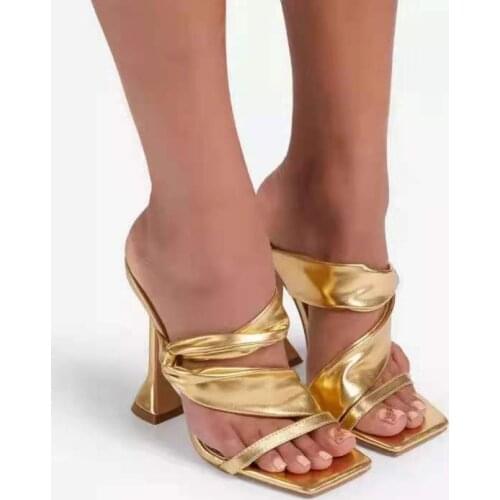 Female Shoes Low Lady Big Size Thin Heels Gold Sandals Slippers Women Summer Slides Peep Toe Heeled Mules 2021 Girl High Fabric