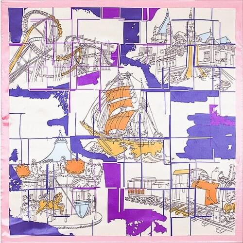 POBING New Square Hijab Scarf Women Spain Boat Print Soft Satin Silk Scarves Head Handkerchief Wholesale Shawl Wrap 90x90CM