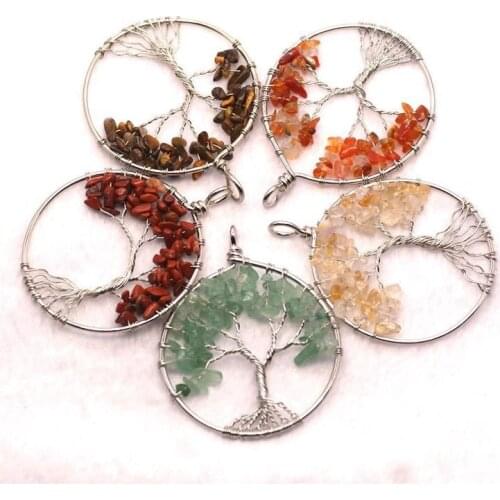 Wholesale mixed crystal Stone Tree Of Life Pendant natural tiger eye lapis lazuli agates pendant 1PCS with chain