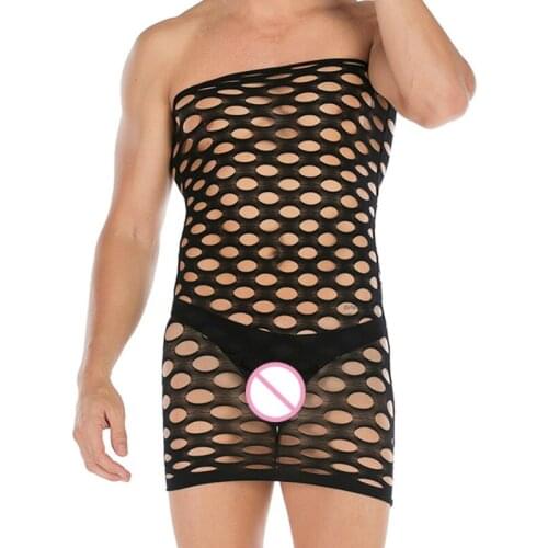 New Gentleman Sleepwear Exotic Apparel Hollow Out Nightwear Black Nightdress Male Underwear Gay Sissy Sexy Lingerie Dropshipping
