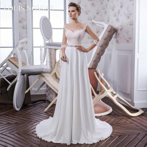 Louis Novias Dress For Wedding Party Sheath Empire Wedding Gowns Illusion Organza with Embroidery Three Quarter Wedding Gowns