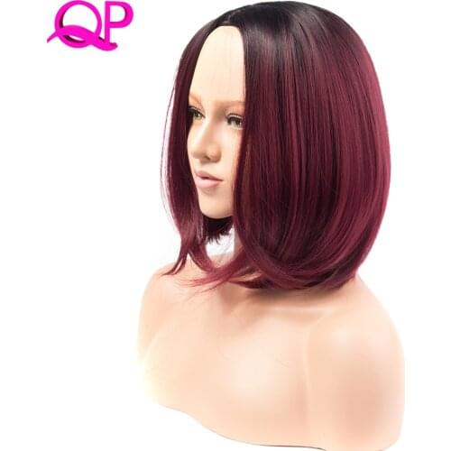 QP HAIR Synthetic Short Burgundy Bob Ombre Red Wigs Straight Ombre BUG Colour Hair