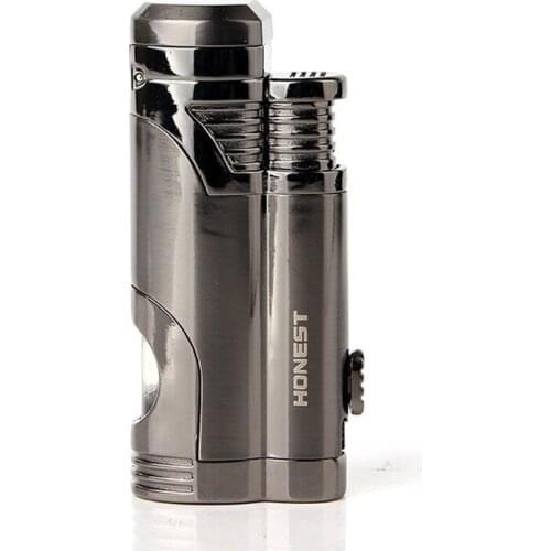 Cigar Cutter with Window Visible Gas Gift Double Straight Lighter Smoking Accessories High Firepower Metal Body Solid Durable