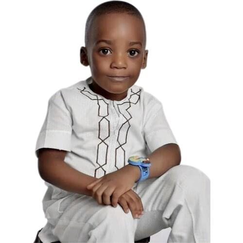 H&D Shirt Pants 2 Pieces Set For Kids Boys 2021 African Outfit Children Dashiki Embroidery Short Sleeve Top Trouser Suit Robe