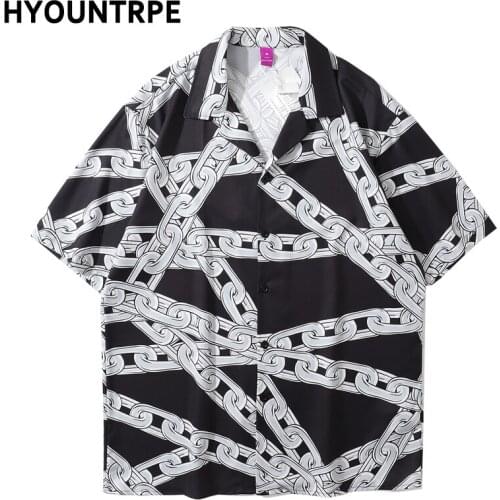 Hip Hop Chain Printed Shirts New Casual Short Sleeve Button Up Vintage Tops Shirt Hip Hop Loose Harajuku Streetwear Men Shirts
