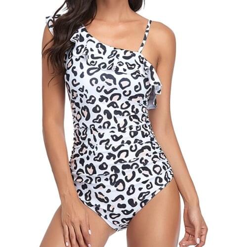 Sexy One Shoulder One Piece Swimsuit Leopard Print Swimwear Women Ruffle Monokini Tummy Control Swim Suit Push Up Bathing Suit