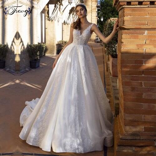 Traugel Luxury Scoop A Line Lace Wedding Dresses Appliques Sleeveless Backless Bride Dress Cathedral Train Bridal Gown Plus Size