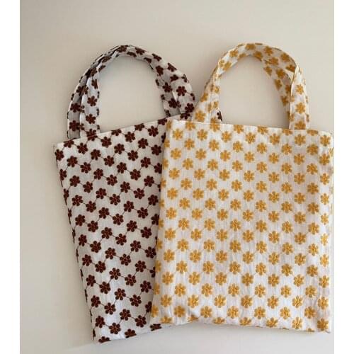 Women Small Tote Cloth Cotton Bag Daisy Embroidery Handbag Flower Art Bag Purse For Girls Gift Cute Print Reusable Shopping Bag