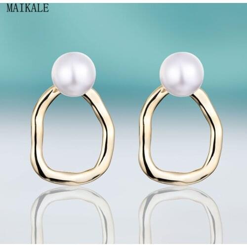 MAIKALE Simple Round Circle Stud Earrings with Pearl Gold Silver Color Oval Metal 12mm Pearl Earrings for Women Jewelry Gifts