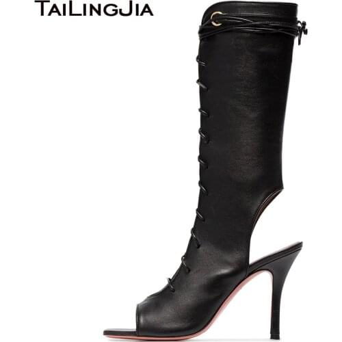 Sexy Open Toe Lace Up Slingback Heeled Mid Calf Boots Black Gladiator Half Sandal Boots Women Big Size Heels Ladies Summer Shoes