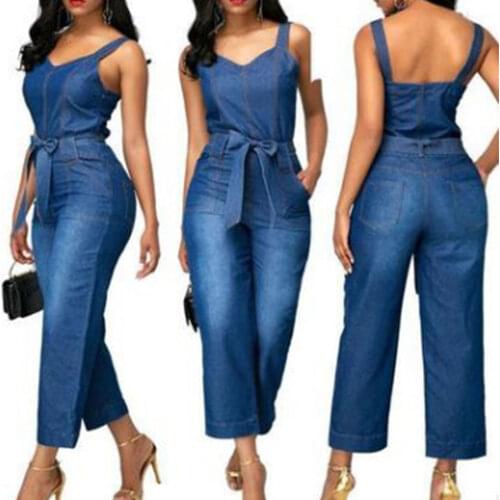 Women Loose Style Jumpsuit, Dark Blue Solid Color V-neck Sleeveless Overalls, S/ M/ L/ XL