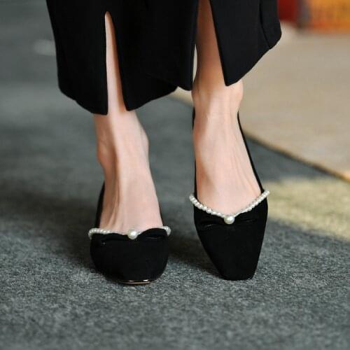 2021 mid-heel shallow mouth women black autumn frosted French beaded square toe womens shoes thick heel