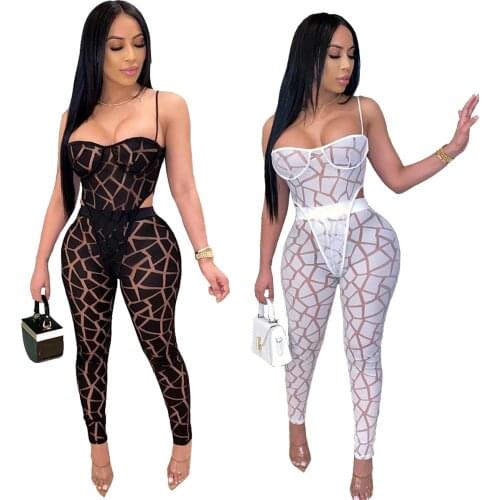 34AL079 Summer Women Sexy Two Piece Set Top Taste Mesh Fabric Spaghetti Strap 2 Piece Outfits for Women
