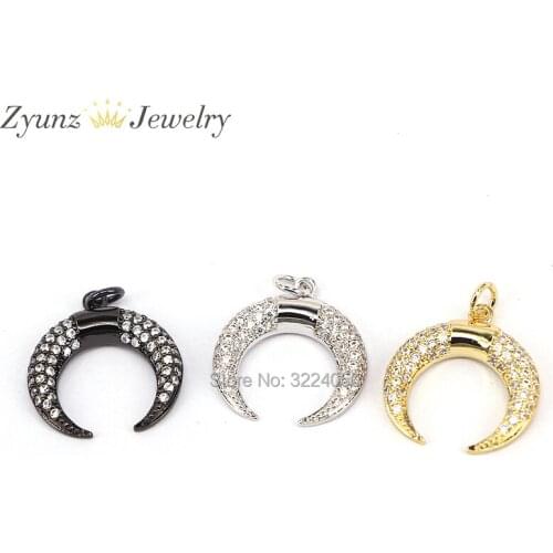 5PCS ZYZ175-9375 Crescent Necklace Pendant CZ Micro Pave Cubic Zirconia Double Horn Mix Color Chain Pendant Beads