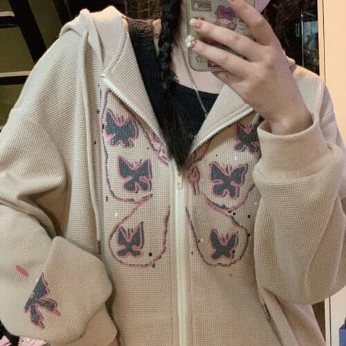 America Winter fashion y2k coat Ulzzang chic butterfly jacket Korean Harajuku ins streetwear Vintage zipper women hoodied coat
