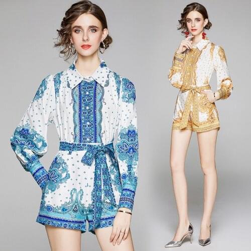 England Style Loose Blouse Top & Slim Shorts Set Women 2 Piece Outfits Design Print Fashion 2021 Summer Lounge Wear Matching Set