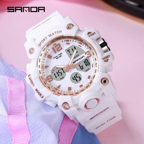 SANDA Digital Watch For Women Men Luxury Dual Time Led Light Electronic Watches Mens Sport Wristwatches Pink Girl Watches