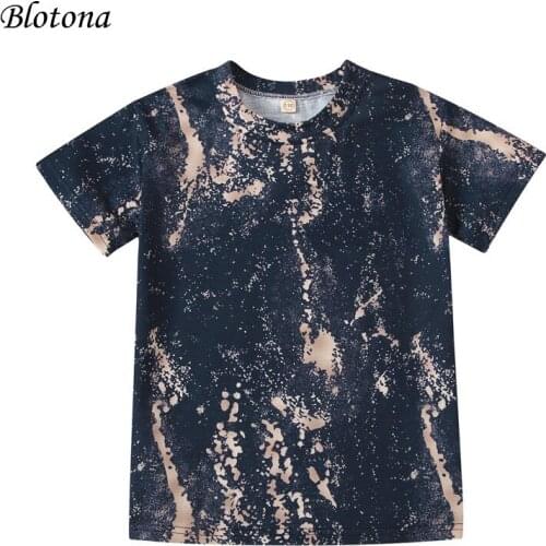 Blotona Girls Fashion Short-sleeved Straight Dress Personality Flow Gold Print Round Neck Children Princess T-shirt Dress 1-5Y