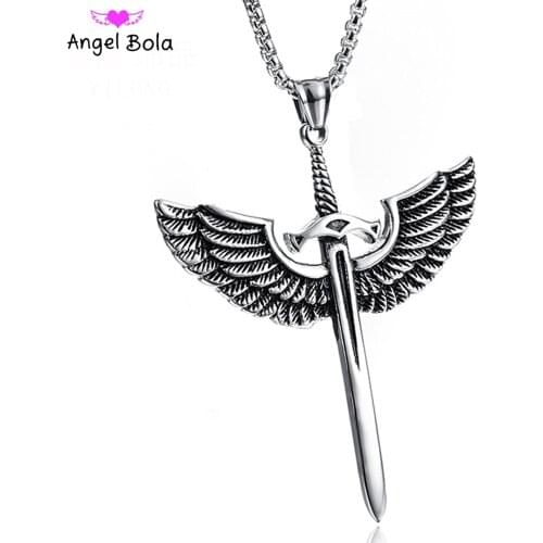 Designer Charms 316 Stainless Steel Sword angel wings Pendant Titanium Steel Cross Necklace 60cm Chain Mens Luxury Jewelry