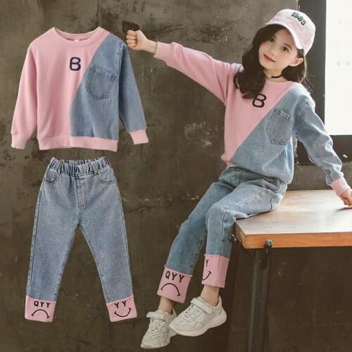 Girls denim clothing sets Two-Pieces 2020 new patchwork sweatshirts + pants toddler girl autumn clothes girls sports suits 4Y