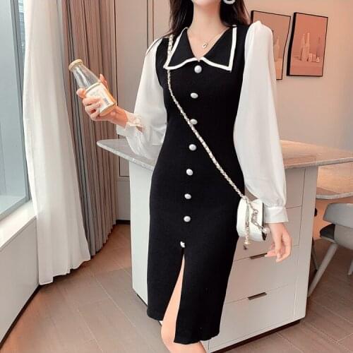 French Design Chiffon Long Sleeve Matching Knitwear Dress with Jag Hem Womens Slim Dress with Button