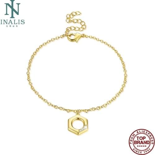 INALIS Hexagonal Round Shape Golden Bracelet With Cubic Clear Zircon Female Bracelets For Women Fashion Jewelry Birthday Gift