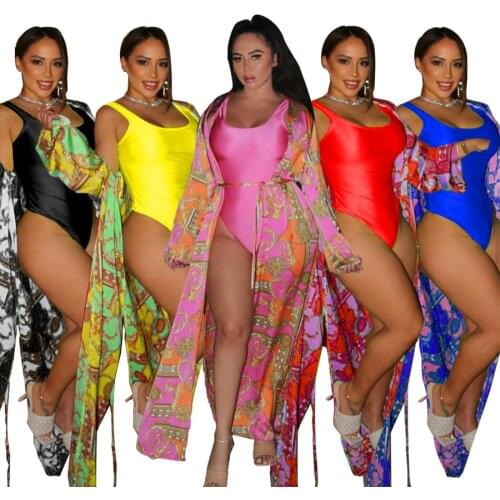 Summer 2 Pieces Beachwear Outfits Sleeveless One Pieces Jumpsuit Bodysuits +Print Maxi Tie Front Long Sleeve Swimsuit Cover Up