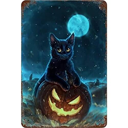 Halloween Jack-O'-Lantern metal poster, black cat and Moon black wind high Horror tin sign Personalized Signs Festive wall