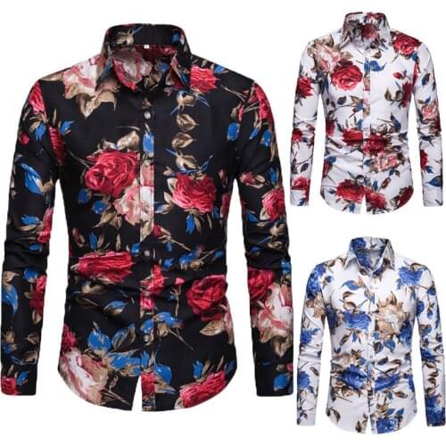 Mens Shirt Long Sleeve Turn Down Collar Single-Breasted Cardigan Shirt With Flower Printing Casual Slim Type Tops