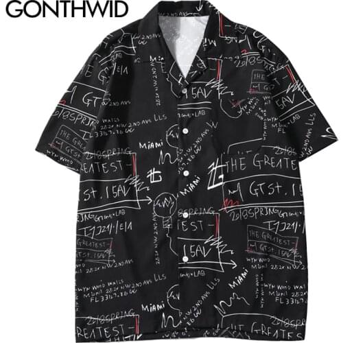 GONTHWID Hip Hop Graffiti Short Sleeve Shirts Streetwear Mens 2020 Summer Casual Pocket Loose Fashion Printed Shirts Male Tops