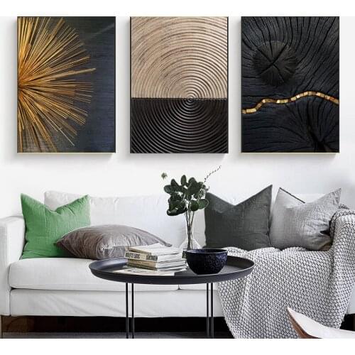 Wall Prints Abstract Retro Black Gold Wood Art Poster Tree Ring Radial Lines Nordic Canvas Picture Home Decor Painting Frameless