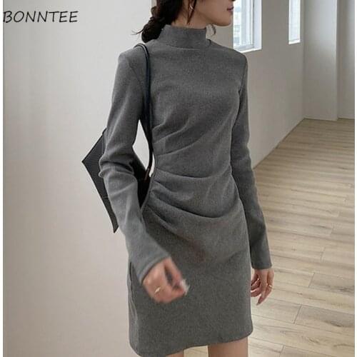 Dresses Women Solid Turtleneck Casual Sheath Long Sleeve Knee Length Slim Leisure Elegant Office Lady Ruched Hips Sexy All-match