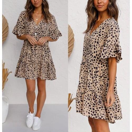 New Women’s Casual Ruffles Short Sleeve Dress Summer Fashion Spots Printing Button A-line Short Dress V-neck Elegant Vestdos