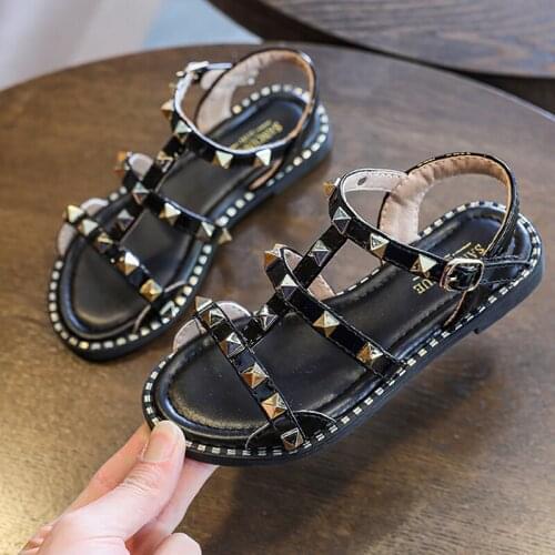 2020 sandals for girls summer rivet Lattice microfiber rome Flat Heel Beach Shoes Princess Casual Sneakers Kids Sandals