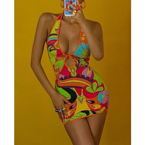 Y2K Halter Tie Up Print Sexy Backless Bodycon Dress Party Sleeveless Summer Halter Mini Dresses Women Fashion Streetwear Elegant