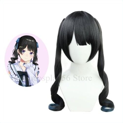 VTuber Tsukino Mito Wig Youtuber Girls Cosplay Long Curly Twin Ponytails Short Base Wig Black Synthetic Hair Role Play