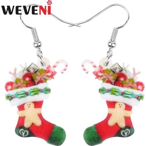 WEVENI Acrylic Christmas Candy Sock Cane Earrings Drop Dangle Jewelry For Women Girl Teen Kid Festival Decoration Gift Accessory