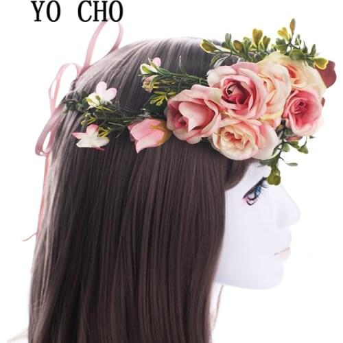 YO CHO Free Shipping Artificial Rose Wreath Flowers Artificial Garland Flowers Headband Ornaments Women Wedding Bridal Decor