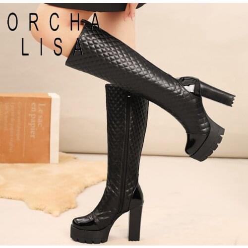 Hot Sale Spring Autumn Zipper Knee High Boots Women Fashion White Square Heel Woman Leather Shoes Winter PU Large Size 43