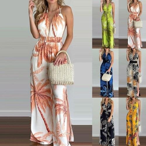 Floral Printed Loose Jumpsuit Women Summer One Piece Outfits Sleeveless Halter Backless Rompers Pocket Wide Leg Streetwear